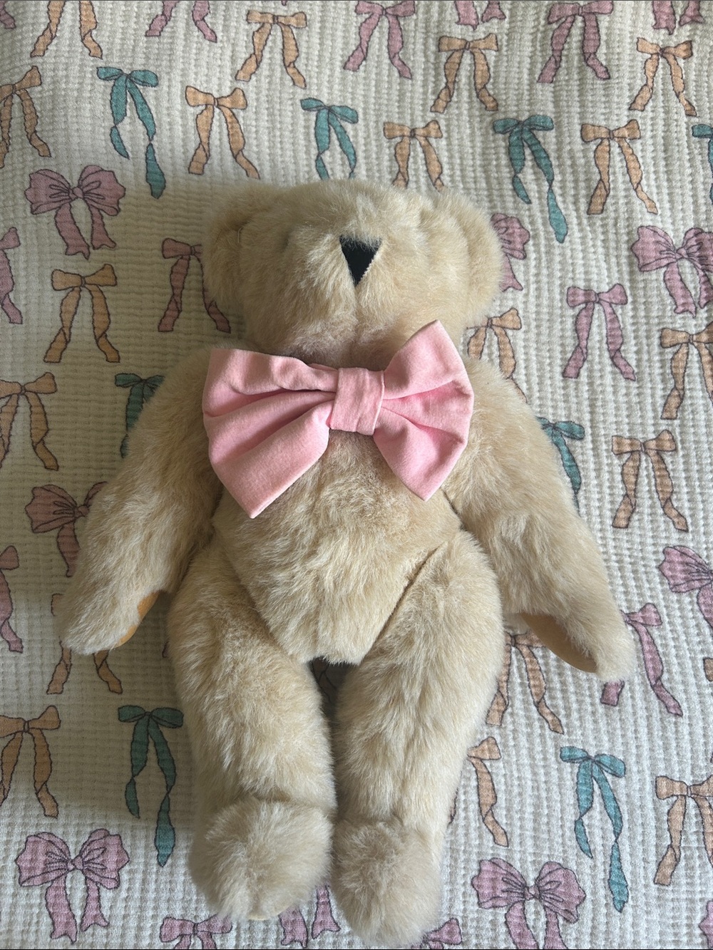 Beige Plush Teddy Bear with Pink Bow - Soft Kids Stuffed Animal